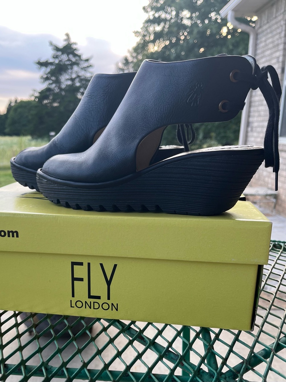 Fly London Leather Black Wedge Sandals